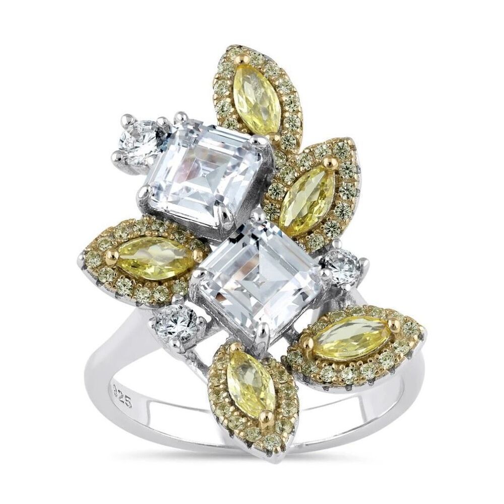 Sterling Silver Yellow and Clear CZ Cluster Ring New